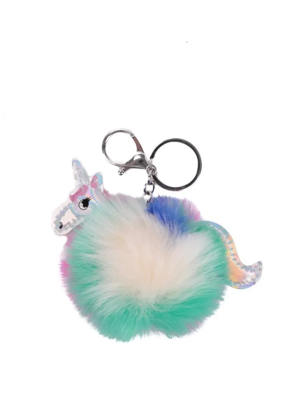 Unicorn Pom Pom Keychain Set of 3, Fluffy Faux Fur Iridescent Bag Charm Keyring